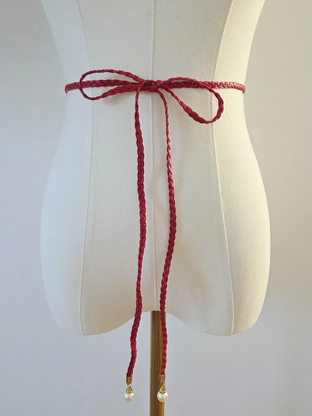 Red Thin Braided Belt With Pearl Decor